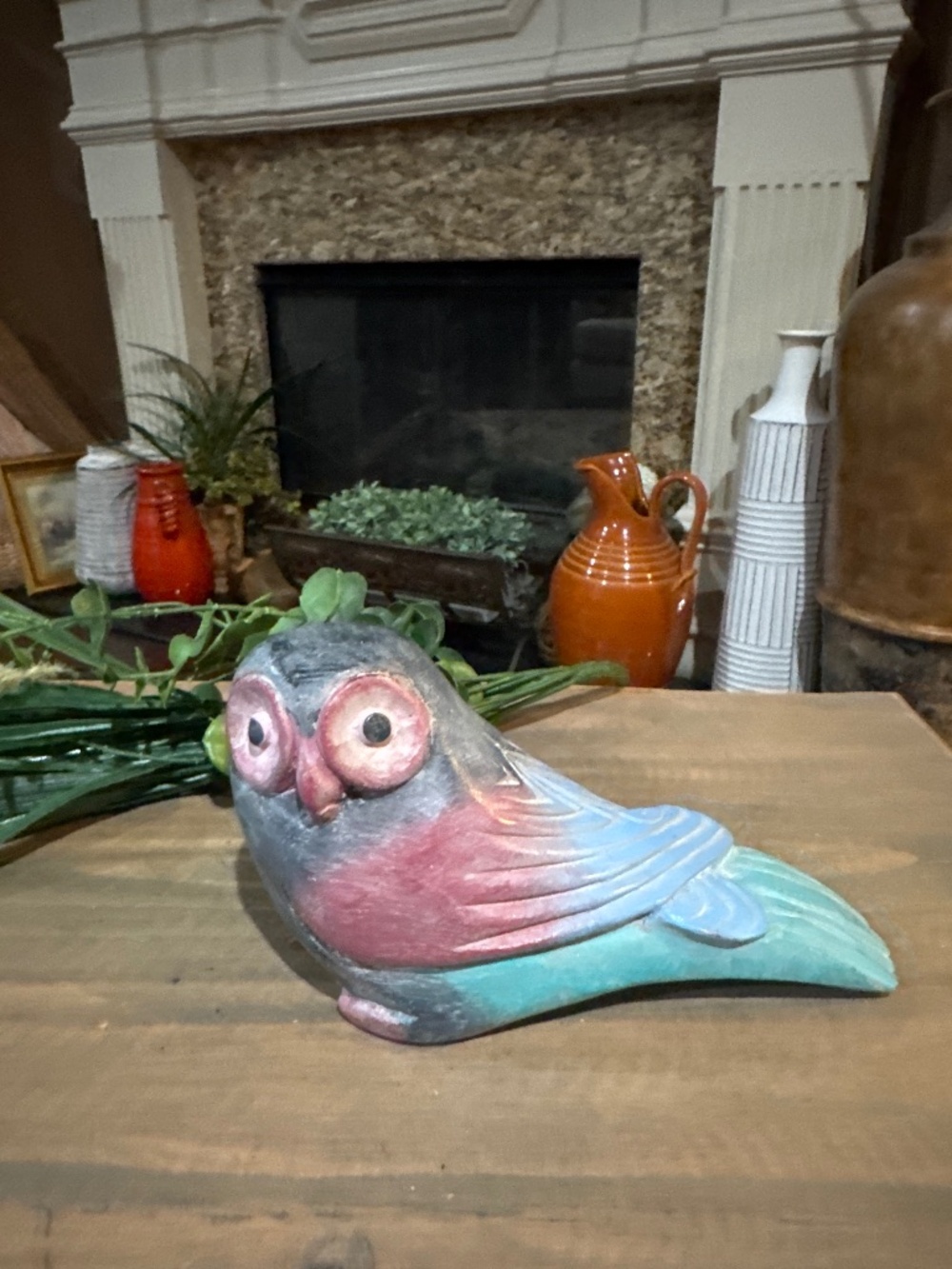 Vintage Multicolored Wooden Owl. 8” x 4”.